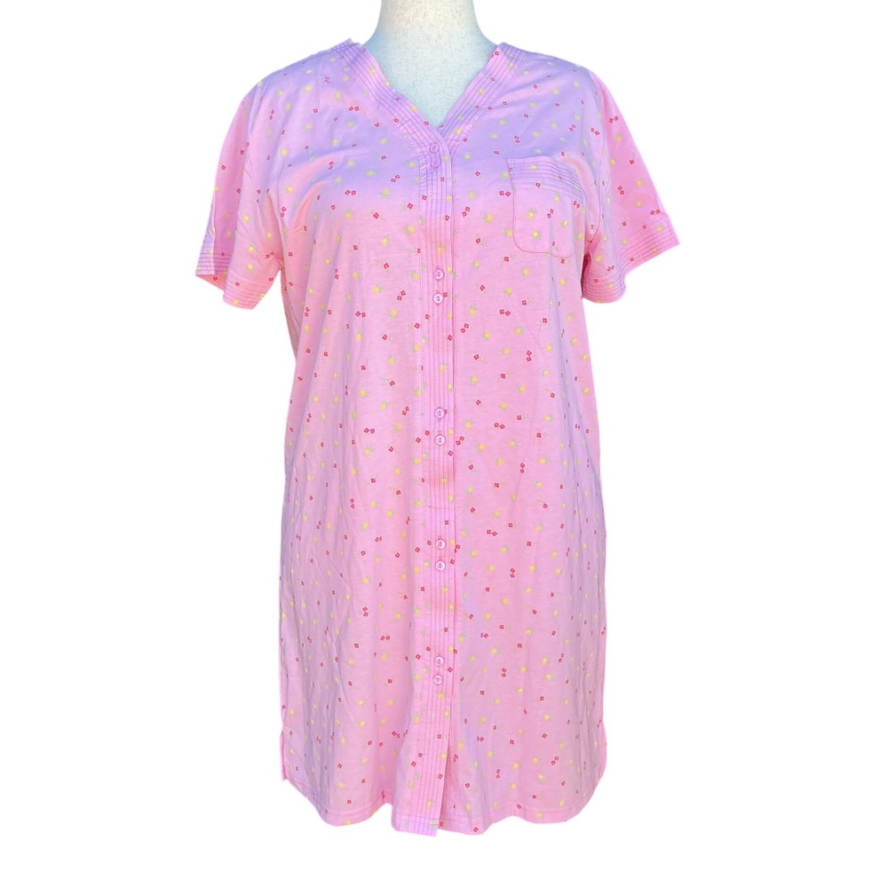 Simple Pleasures Wms L/XL Vintage Floral Nightgown Pink Button Front House Dress